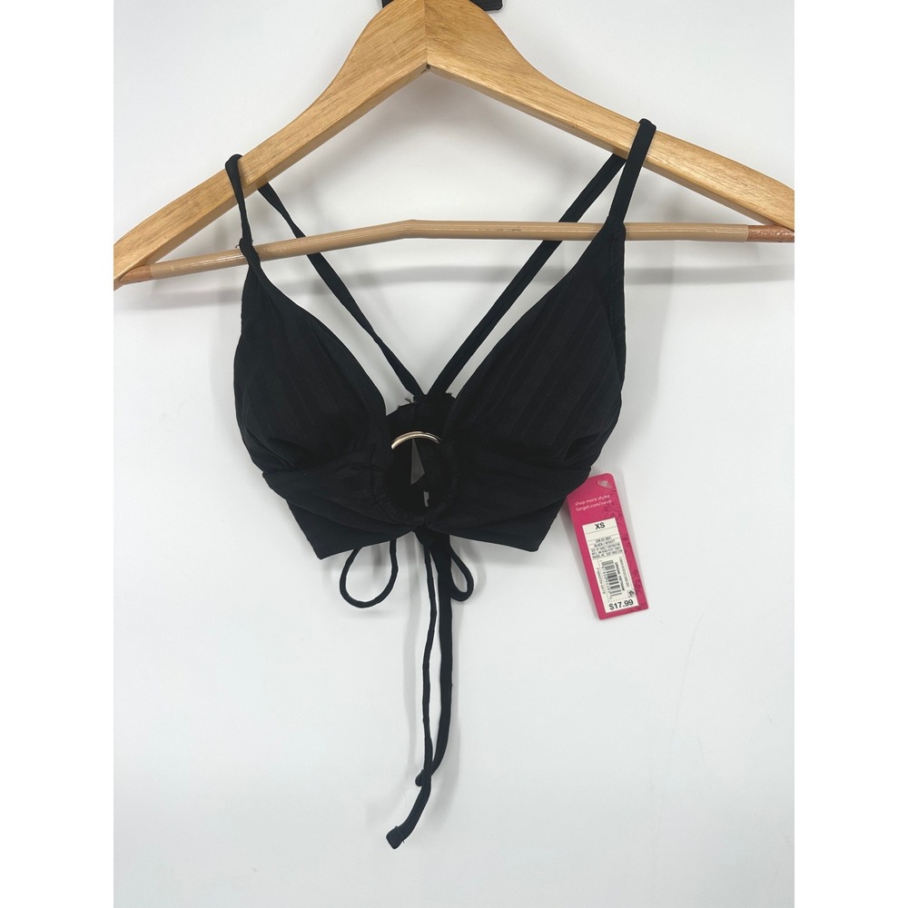 Xhilaration Bikini Top Women XS Black Ribbed Ring Front Tie Back Swimwear Beach